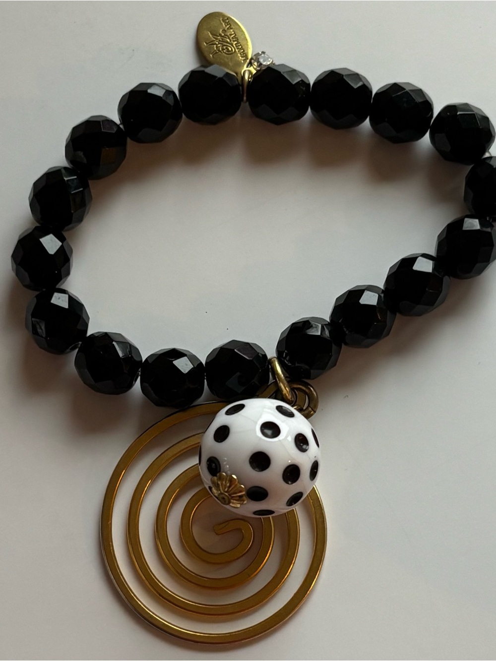 Maximal Art John Wind Vintage Ceramic Beaded Charm Bracelet Black White Gold
